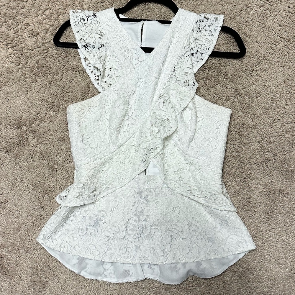 BCBG White Lace Criss Cross Cut Out Ruffle Top size XS